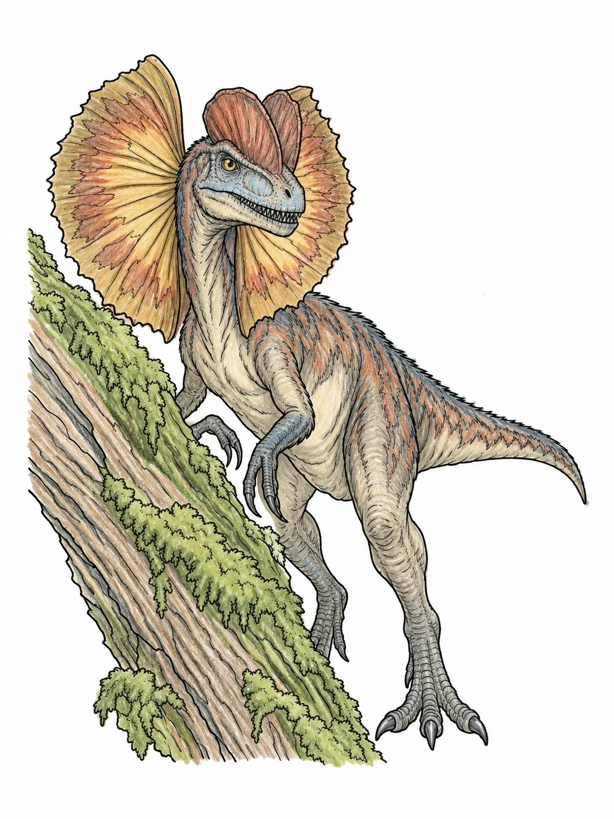 Colored example of the Dilophosaurus Climbing A Mossy Trunk coloring page