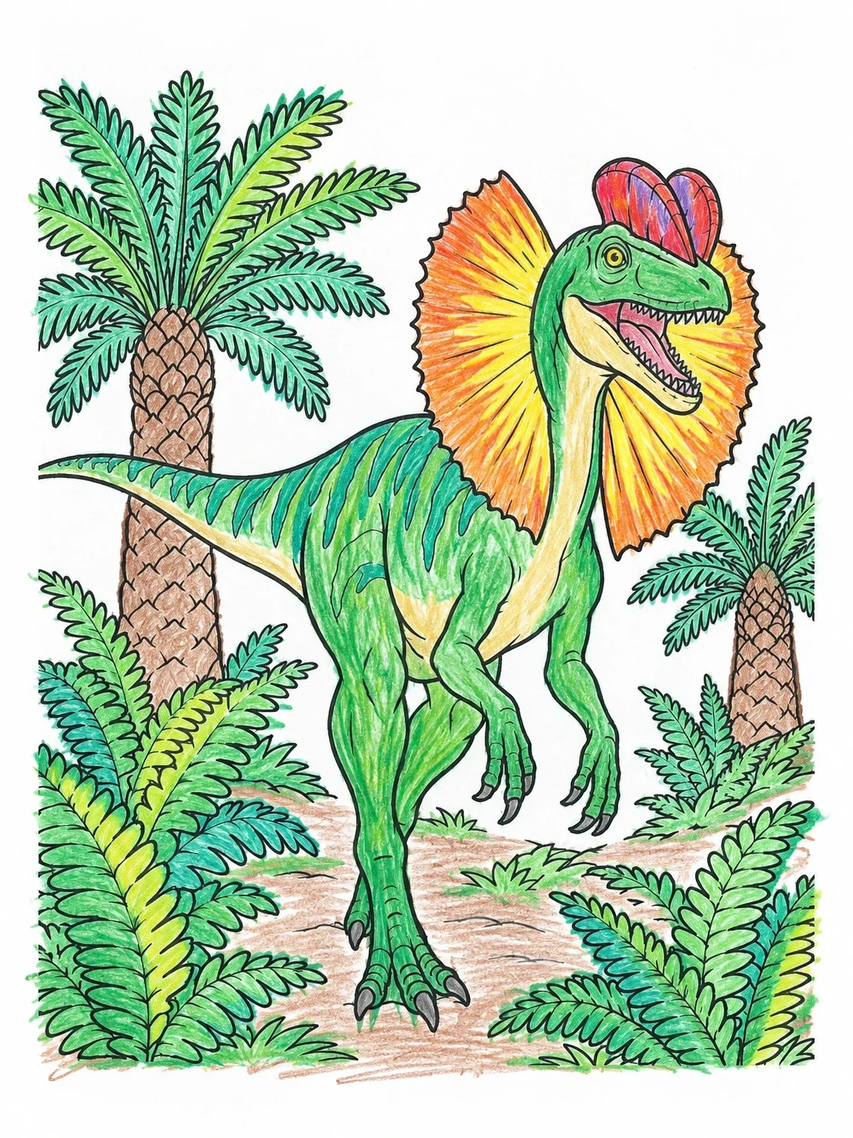 Colored example of the Dilophosaurus In A Prehistoric Forest coloring page