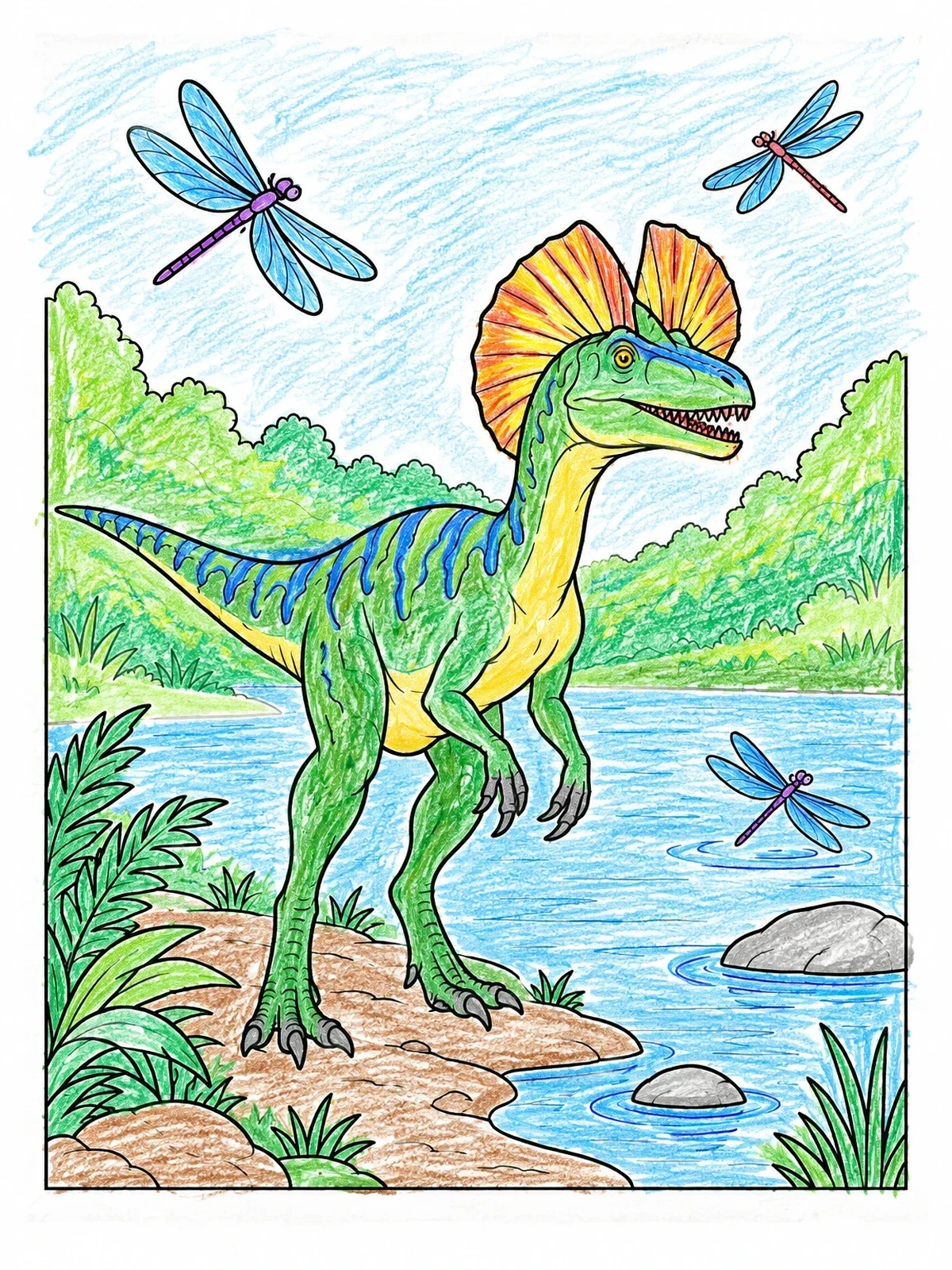 Colored example of the Dilophosaurus By The Riverbank With Dragonflies coloring page