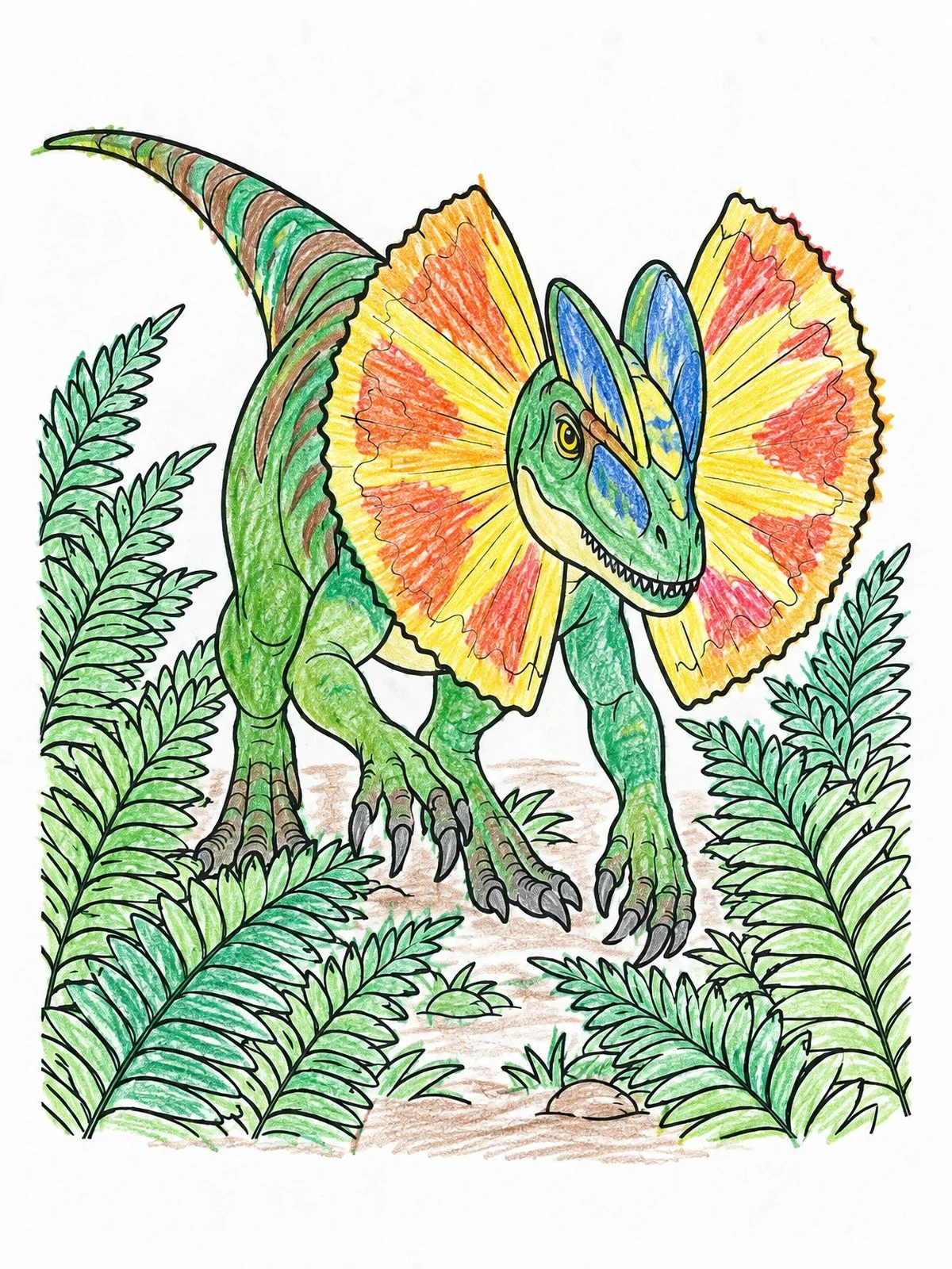 Colored example of the Dilophosaurus With Neck Frill In Ferns coloring page
