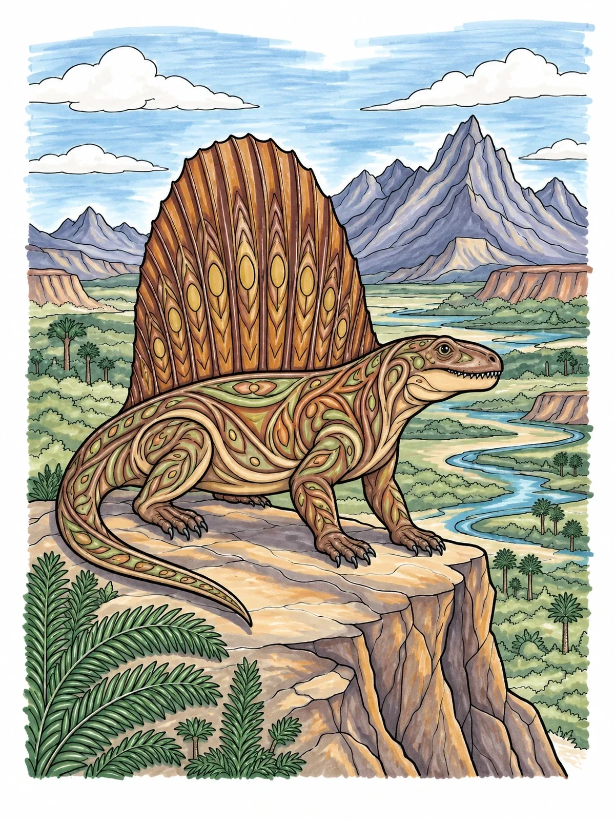 Colored example of the Dimetrodon On Mountain Ledge coloring page