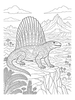 A patterned prehistoric reptile in this detailed dimetrodon coloring page with mountains.