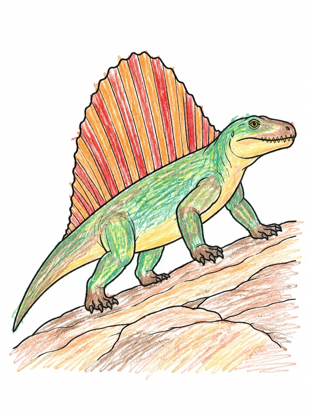 Colored example of the Dimetrodon Climbing A Rocky Slope coloring page