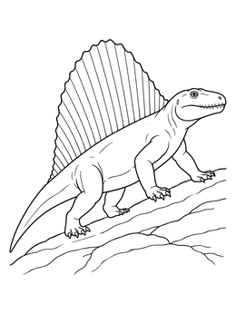 A detailed dimetrodon coloring page showing the prehistoric synapsid walking up a rocky ridge.