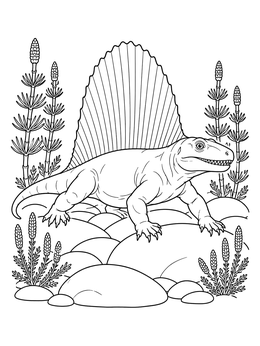 A detailed dimetrodon coloring page featuring prehistoric plants and smooth river rocks.