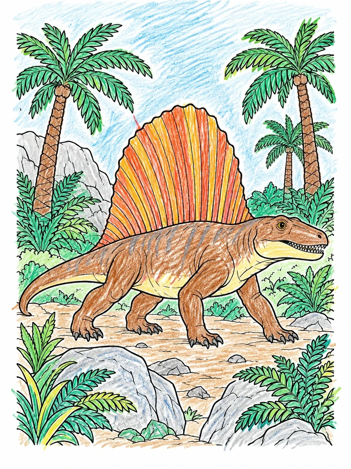 Colored example of the Dimetrodon In A Prehistoric Jungle coloring page