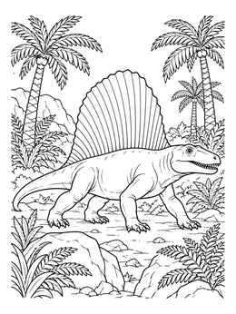 A realistic dimetrodon coloring page featuring palm trees and lush prehistoric foliage.