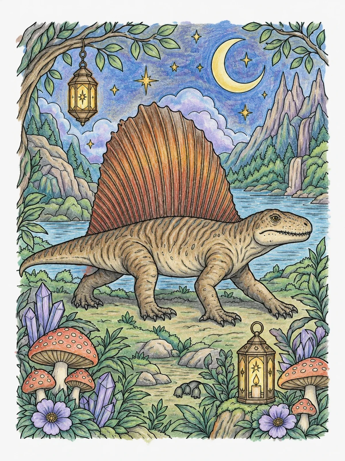 Colored example of the Dimetrodon In A Magical Night Landscape coloring page