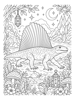 A detailed dimetrodon coloring page with glowing lanterns, mushrooms, and a starry night.