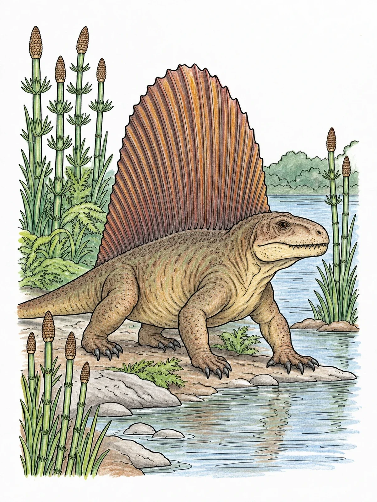 Colored example of the Dimetrodon By The Prehistoric Swamp coloring page