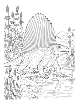 A realistic dimetrodon coloring page showing the prehistoric creature resting near calm water and giant horsetails.