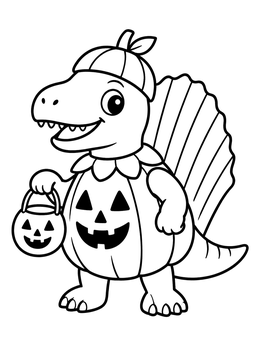 A cute cartoon dimetrodon coloring page wearing a pumpkin costume with a trick-or-treat bucket.