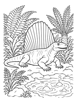 A prehistoric dimetrodon coloring page showing the synapsid resting near bubbling water and ancient ferns.