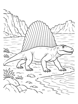 A detailed dimetrodon coloring page with cliffs and gentle water ripples.