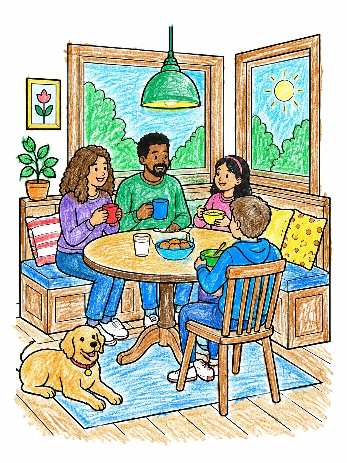 Colored example of the Family Breakfast In Cozy Nook coloring page