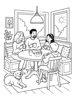 Free printable Family Breakfast In Cozy Nook coloring page