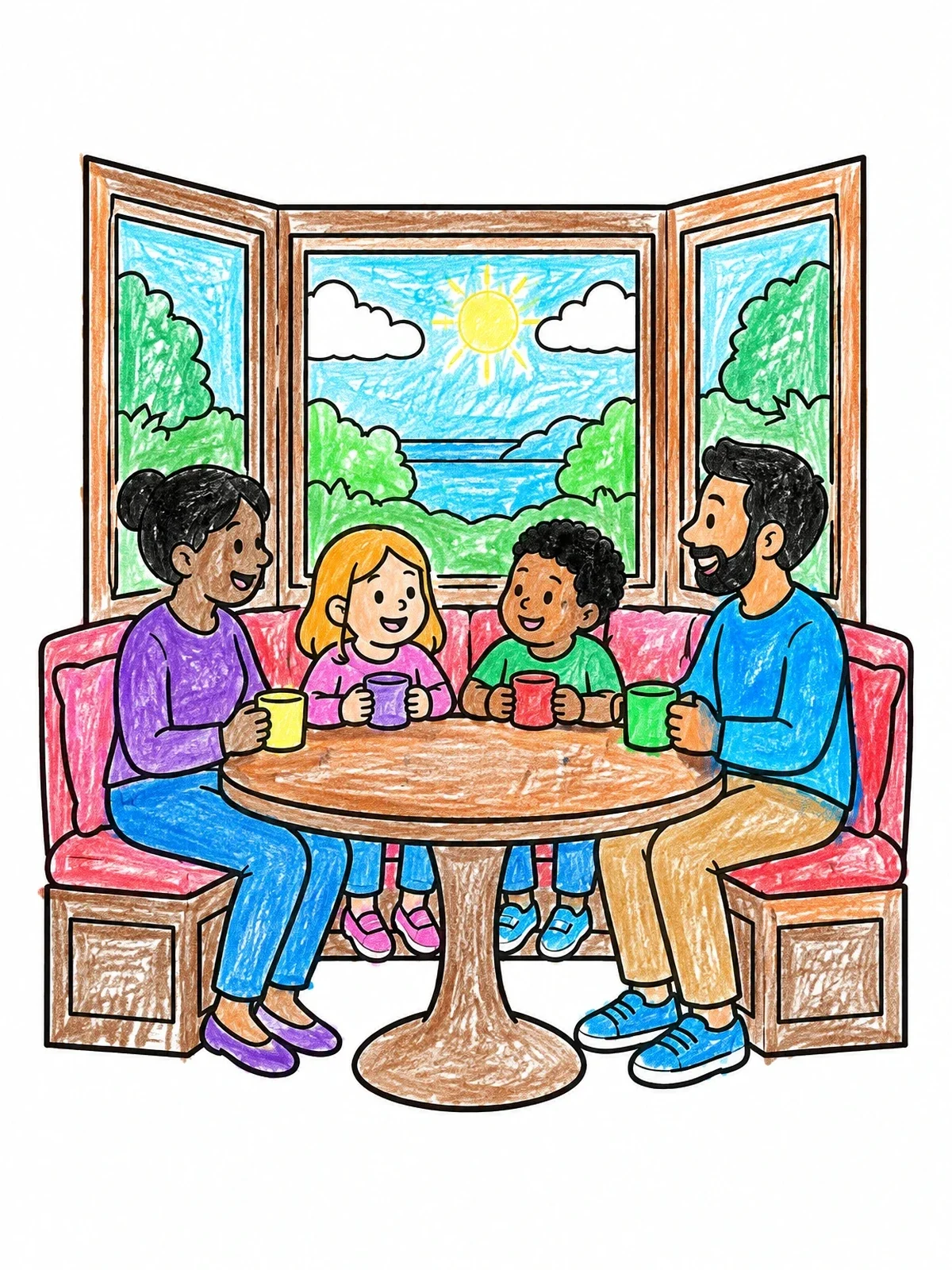 Colored example of the Family At Bay Window Banquette coloring page