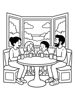 Free printable Family At Bay Window Banquette coloring page