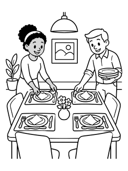 Free printable Family Setting The Dinner Table coloring page