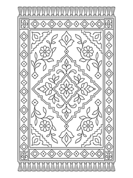 An ornate dining room coloring page showing a detailed patterned rug with fringed ends.