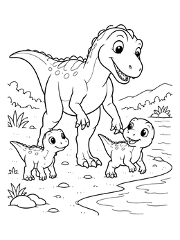 Parent and cute baby on a dinosaur coloring page by the riverbank.