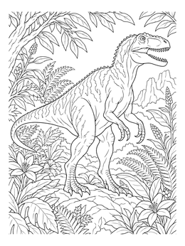 An allosaurus stands amid lush ferns in this dinosaur coloring page.