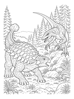 Ankylosaurus confronting a raptor in this detailed dinosaur coloring page.