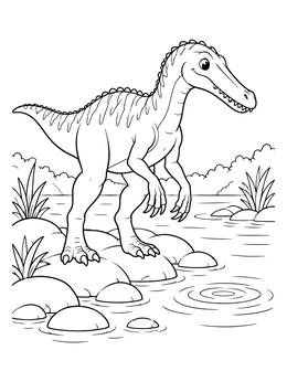 A friendly baryonyx dinosaur coloring page as it stands on river stones watching water ripples.