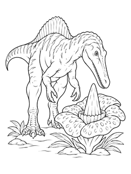 A curious spinosaurid explores a huge bloom in this dinosaur coloring page.