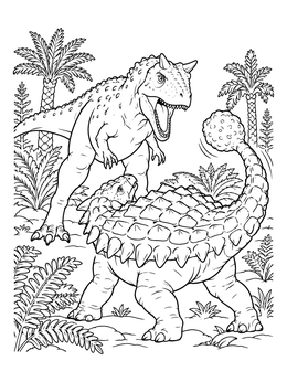 A fierce carnotaurus encounters an ankylosaurus in this dinosaur coloring page set in a prehistoric forest.