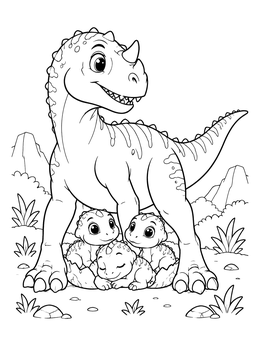 A horned parent dinosaur coloring page watching over three cute baby hatchlings nestled between its feet.