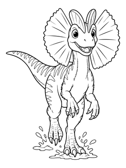 A dinosaur coloring page featuring a happy Dilophosaurus trotting through muddy puddles.