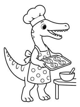 A friendly dinosaur coloring page of a Baryonyx chef holding a tray of freshly baked cookies.