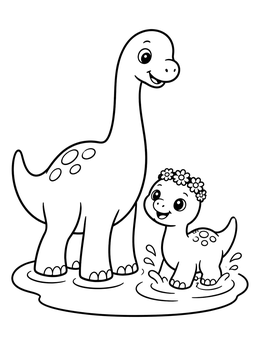 Free printable Cute Brachiosaurus And Baby Splashing coloring page