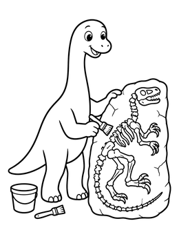 A friendly dinosaur coloring page of a cute brachiosaurus brushing dirt off a raptor skeleton fossil.