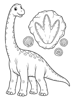 A dinosaur coloring page featuring a smiling brachiosaurus next to a fossilized footprint and shells.