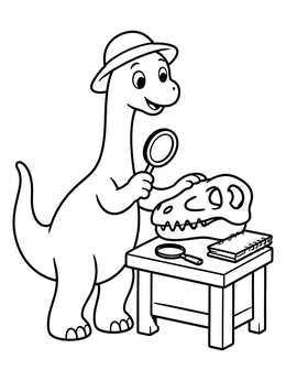 A dinosaur coloring page of a cute brontosaurus in a hat studying a skull fossil on a workbench.