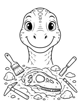 A dinosaur coloring page showing a friendly brontosaurus above an excavated fossil skull and tools.