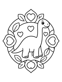 A happy brontosaurus in a decorative dinosaur coloring page surrounded by hearts and leaves.