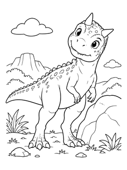 A dinosaur coloring page featuring a cheerful young carnotaurus beside a boulder.