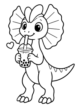 A dinosaur coloring page featuring a cute dilophosaurus drinking iced boba tea.
