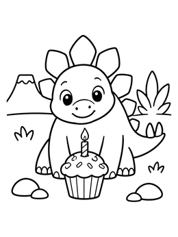 A dinosaur coloring page featuring a cute cartoon stegosaurus sitting by a birthday cupcake.