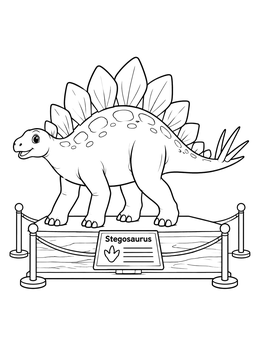 A dinosaur coloring page featuring a friendly stegosaurus model on a museum display stand.