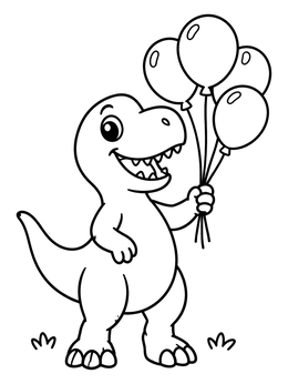 A cheerful baby T-rex stands on grass holding a bunch of party balloons in this dinosaur coloring page.
