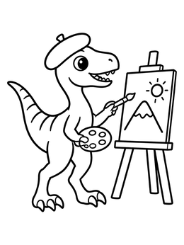 A friendly dinosaur coloring page of a raptor wearing a beret and painting a mountain landscape.