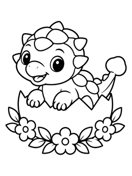 A cute dinosaur easter coloring page with an ankylosaurus baby hatching from a flower-adorned egg.