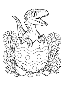A dinosaur easter coloring page of a cute baby velociraptor hatching among blooming daisies.