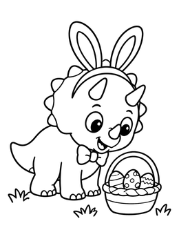 A dinosaur easter coloring page featuring a cute baby triceratops in bunny ears next to an Easter basket.