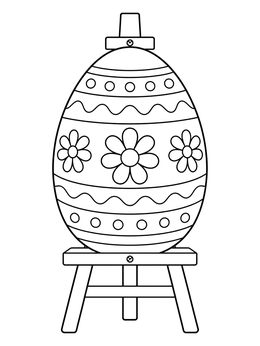 A decorated egg on a stand features in this dinosaur easter coloring page design.