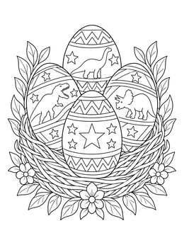 A dinosaur easter coloring page showing patterned eggs with silhouettes inside a woven nest.